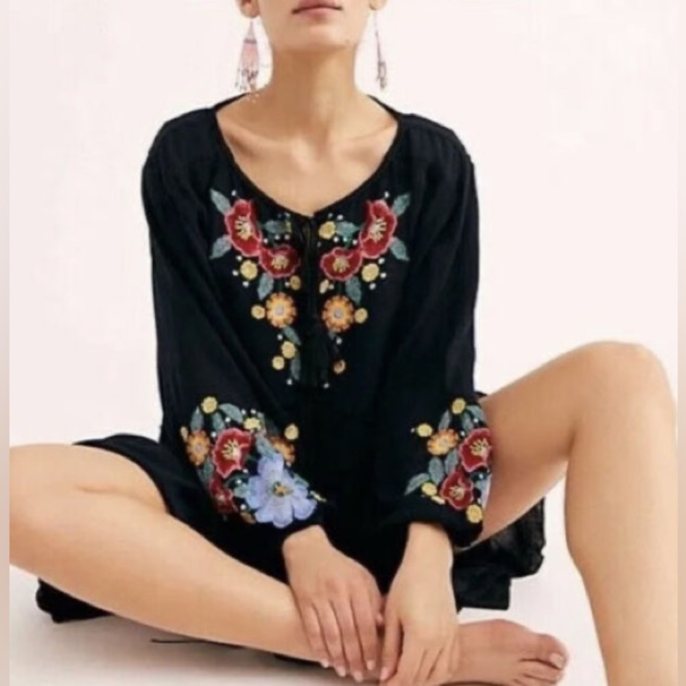 Free People Spell On You Embroidered Floral Black Dress